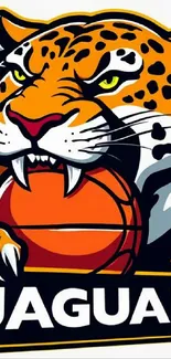 Energetic jaguar holding a basketball in vibrant colors.