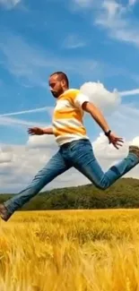 Man leaping energetically over a golden field under a blue sky.