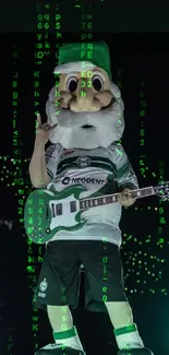 Mascot rocking on stage with guitar under glowing lights.