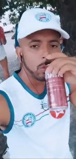 Person in white cap enjoying drink outdoors.