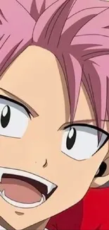 Anime hero with pink hair and fangs, dynamic expression.