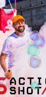 Smiling man enjoying energetic foam race event.