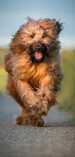 Energetic dog with fluffy fur runs happily on a sunny path.