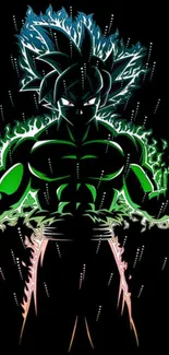 Anime Saiyan character with glowing green aura in silhouette style.