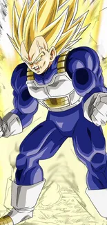 Energetic Saiyan warrior with glowing aura in anime style.