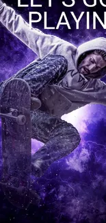 Skateboarder jumping with purple cosmic background.