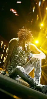 Energetic performer on stage with vibrant yellow lighting.