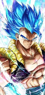 Anime character with blue hair and energy aura in a dynamic pose.