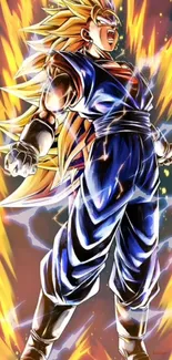 Super Saiyan anime character with vivid energy bursts on a mobile wallpaper.