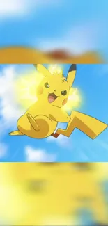 Vibrant yellow Pikachu leaps across a bright blue sky, radiating energy.