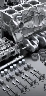 Intricately arranged car engine parts in gray scale for a mobile wallpaper.