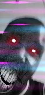 Creepy digital monster face with glowing red eyes and cracked textures.