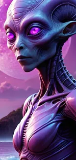 Vibrant alien art with purple tones and moonlit background.