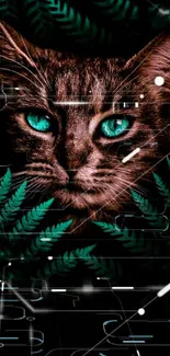 A cat with teal eyes hidden amongst ferns, creating a mysterious and captivating look.