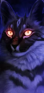 Fantasy cat with glowing eyes on dark blue background.