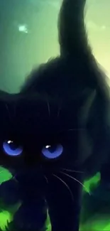 Mystical black cat glowing in blue and green hues.