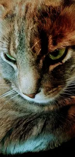 Close-up of cat with piercing green eyes and soft brown fur.