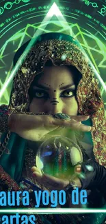 Mystical woman holding crystal ball with green neon symbols in background.