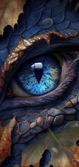 Close-up of a detailed dragon eye in vivid blue hues.