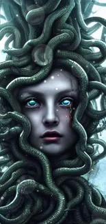 Fantasy Medusa art wallpaper with snakes and blue-eyed figure.