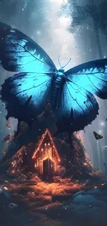 Giant glowing blue butterfly in an enchanted forest setting.