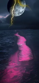 Mysterious ocean under a lit moon with pink reflection and lightning.