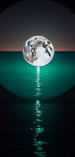 Moonlit ocean with reflection on clear night.