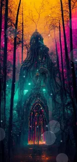 Mystical neon forest structure with vibrant colors.