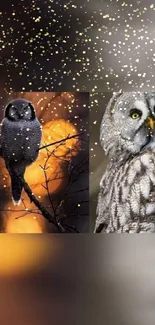 Owls perched with golden sparkles against a twilight forest background.