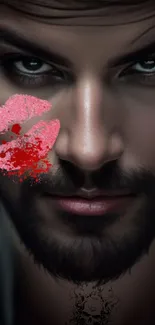 Mysterious male portrait with lip art on mobile wallpaper.