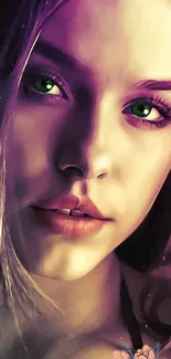 Artistic portrait of a woman with green eyes and purple hues.