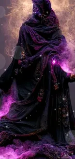 Mystical cloaked figure with purple smoke and magical aura.