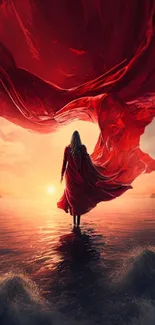 Figure in a flowing red cloak stands over reflective waters at sunset.