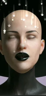 Surreal starry face with black lips on a mystical wallpaper background.