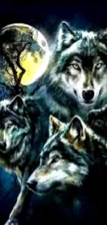 Wolf pack under moonlit sky mobile wallpaper with dark blue and yellow hues.