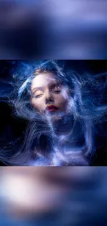 Woman's face in swirling ethereal blue lights, creating a mystical aura.