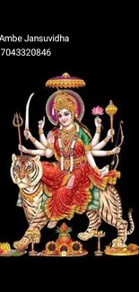 Illustration of Goddess Durga on a tiger with black background.