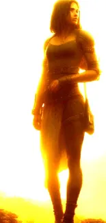 Silhouette of a warrior against a golden sunset on mobile wallpaper.