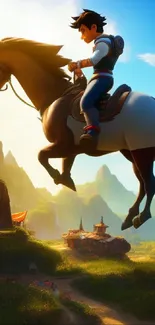 Young adventurer rides horse through vibrant mountain landscape.