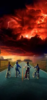 Kids on bicycles under dramatic red skies, perfect for adventurous wallpaper.