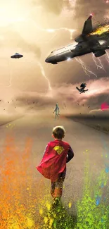 Wallpaper of a child superhero with vibrant colors and an epic adventure scene.