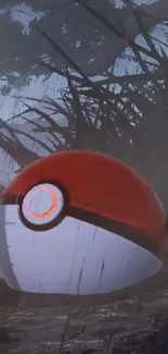 Poké Ball rests in a rainy forest setting, evoking adventure.