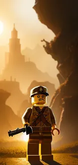 LEGO figure in sunset adventure scene.