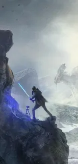 Warrior with blue lightsaber on a rocky cliff in a mystical landscape.