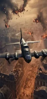 Fighter plane soaring over the city with flames and smoke, dramatic wartime scene.