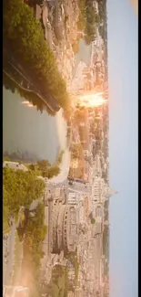 Aerial view of a vibrant cityscape with river and green landscapes.