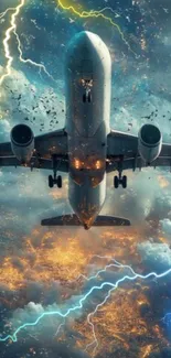 Airplane piercing through stormy sky with lightning.