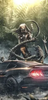 Alien and sports car in jungle setting wallpaper.