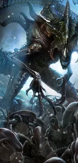 Epic alien creature surrounded by smaller eerie beings in dark atmosphere.