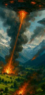 UFOs attack scenic valley with fiery beams.